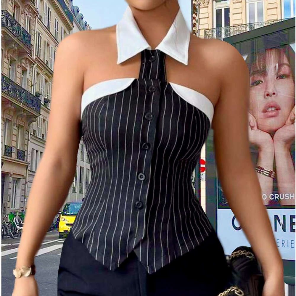 Collared Button Up Pinstripe Halter Top